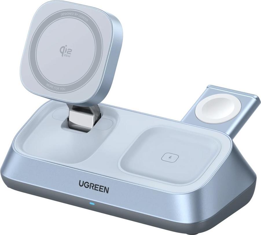 UGREEN W711 MagFlow 3-in-1 magnetisches kabelloses Desktop Ladegerät Qi2 25W fuer iPhone, AirPods und Watch silber (55677)