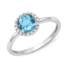 Halo-Ring 14K Weißgold 18 Diamanten Blautopas
