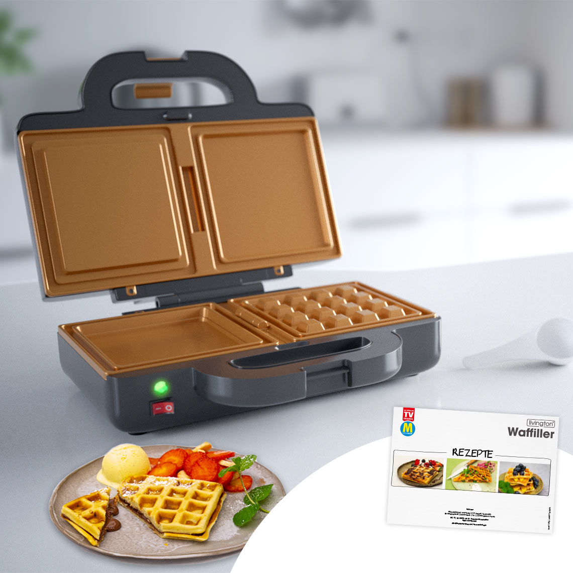 Livington Waffiller Waffeleisen inkl. Dosierlöffel & Rezeptheft GRATIS