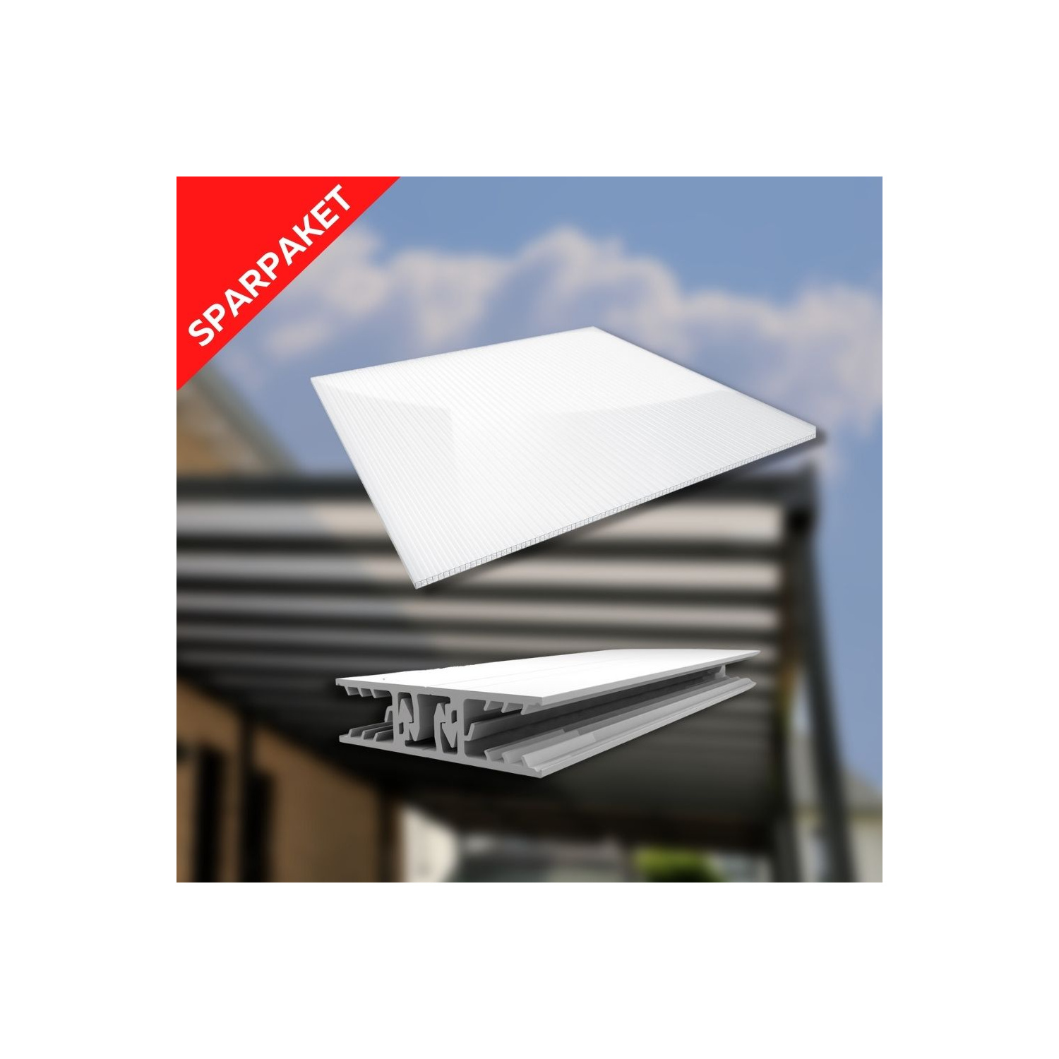 Sparpaket Polycarbonat Stegplatte | 16 mm X-Struktur | Glasklar | inkl. Zevener Sprosse & Zubehör | 4,15 x 5,00 m