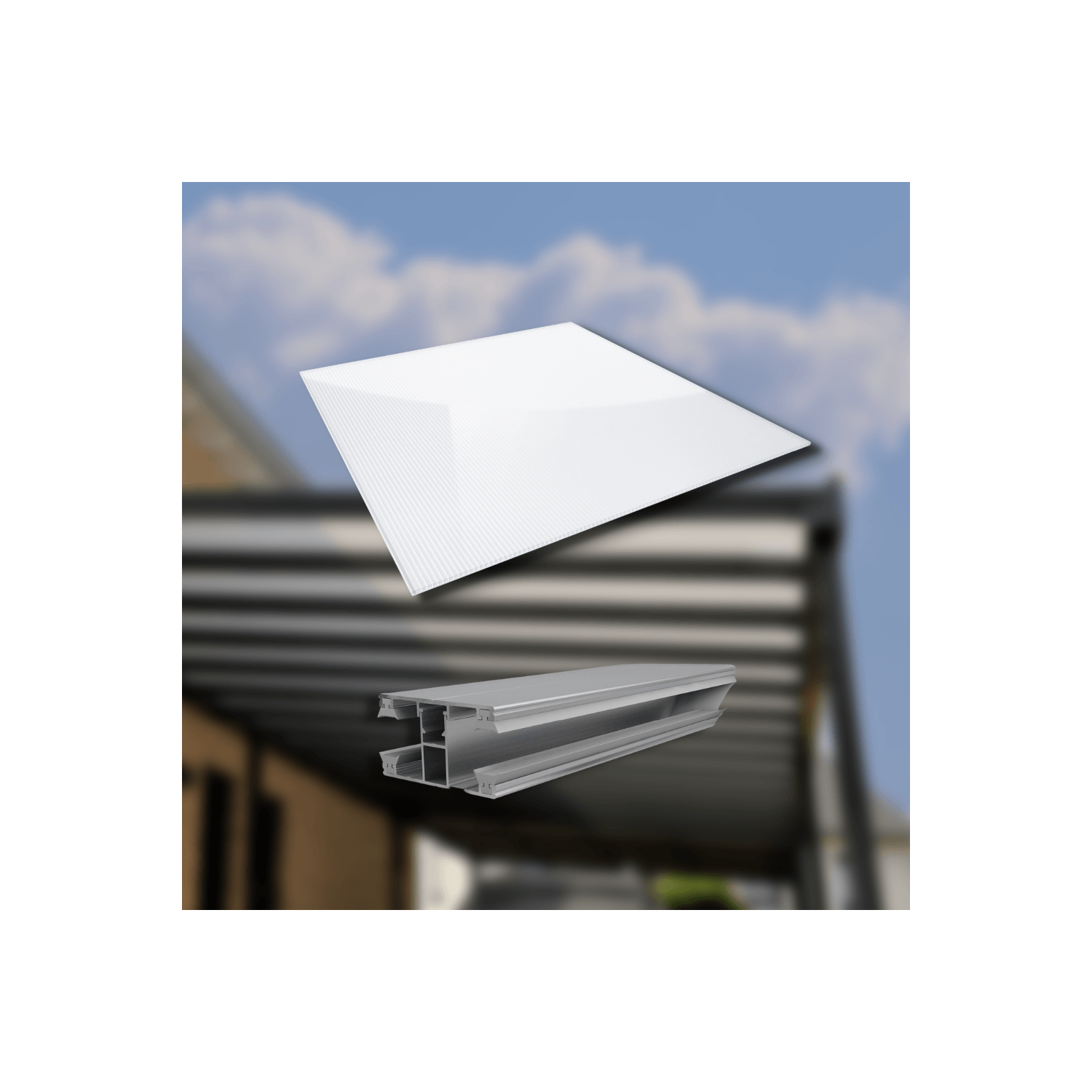Sparpaket Polycarbonat Stegplatte | 10 mm | Glasklar | inkl. DUO Komplett Profil & Zubehör | 5,46 x 4,00 m
