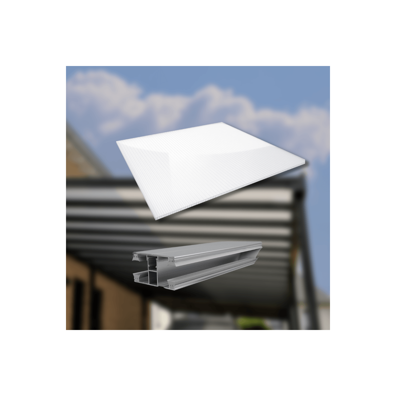 Sparpaket Polycarbonat Stegplatte | 16 mm X-Struktur | Glasklar | inkl. DUO Komplett Profil & Zubehör | 6,12 x 3,50 m