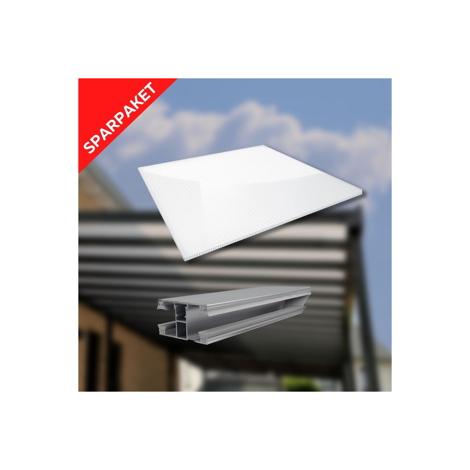 Sparpaket Polycarbonat Stegplatte | 16 mm X-Struktur | Glasklar | inkl. DUO Komplett Profil & Zubehör | 8,14 x 3,50 m