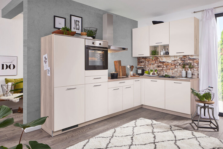 Winkelküche PN210 UV-Lack magnolienweiß supermatt/Tanne Clay 305 x 185cm