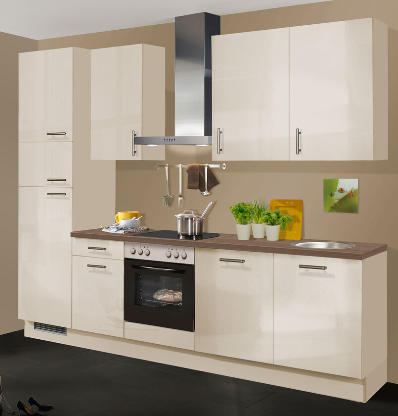 Küchenzeile Magnolienweiß Hochglanz/Oregon Eiche NB 290cm