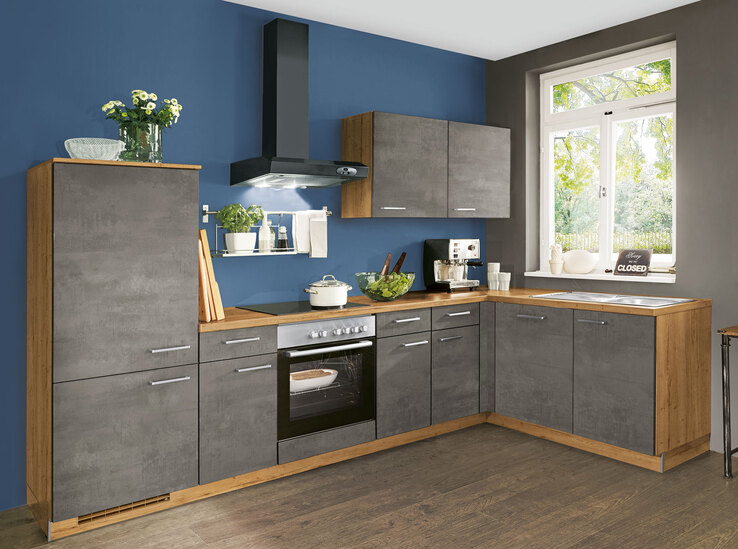 Winkelküche Laser Schwarzbeton/Eiche Sierra Nachbildung 305 x 175 cm