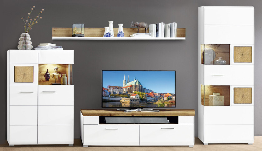 Wohnwand Fun Plus Weiß matt/Hirnholz Nachbildung ca. 325 x 205 x 47 cm