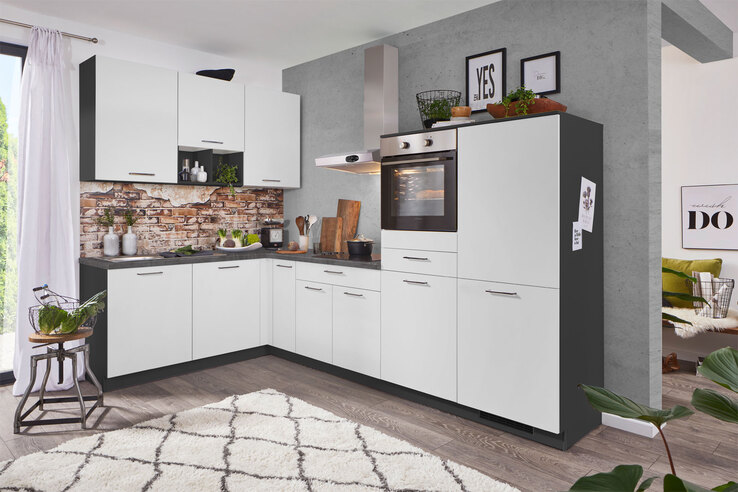 Winkelküche PN210 UV-Lack alpinweiß supermatt/Grafit 185x305cm