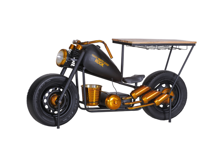 Bar Chopper Slow Ride 175x86x74 cm Metall schwarz matt/Goldfarbig glänzend/Ablage Mango massiv