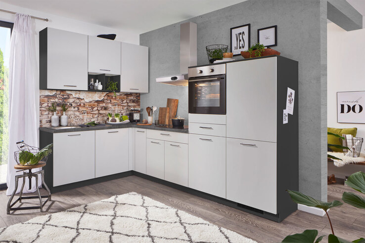 Winkelküche PN210 UV-Lack lichtgrau supermatt/Grafitgrau 185x305cm