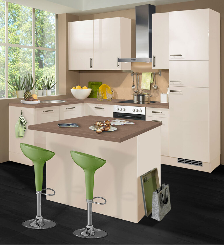 Winkelküche mit Insel Magnolienweiß Hochglanz/Oregon Eiche Nachbildung 165 x 285 + 120 cm