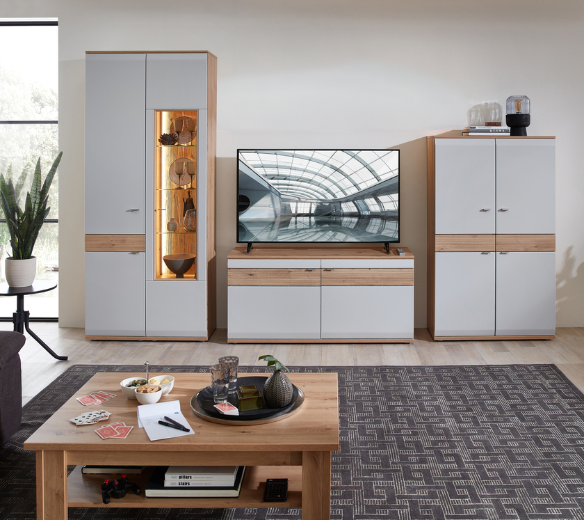 Wohnwand Mira 4-teilig 345 x 215 x 45 cm matt Naturbuche/Grau Holznachbildung