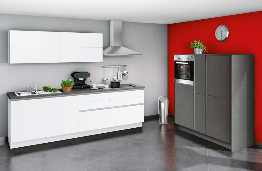 Küchenzeile Melaminharz weiß matt/Melaminharz Stahl dunkel ca. 270+159,2 cm