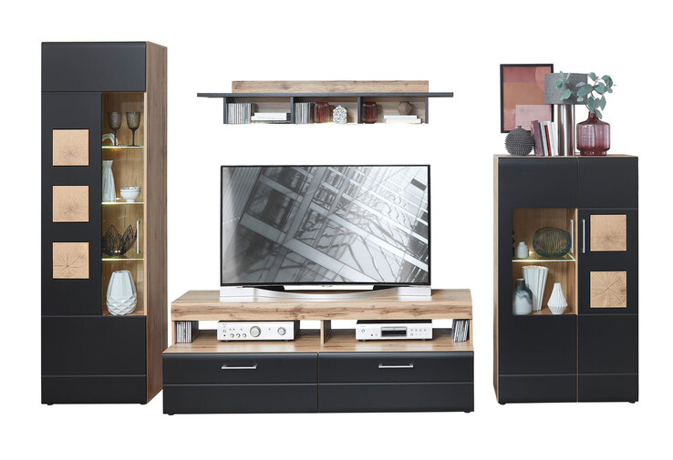 Wohnwand Sonate Lack Schwarz/ Eiche Altholz Nachbildung