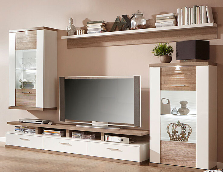 Wohnwand Manhattan Weiß/Trüffel Nachbildung ca. 283 x 207 x 50 cm