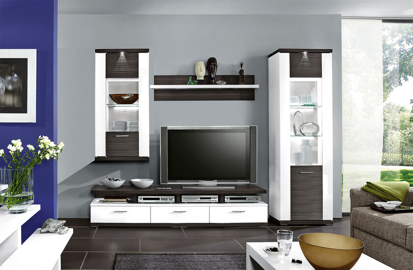 Wohnwand Manhattan Weiß Arctic Hochglanz/Graphit geschroppt ca. 285 x 207 x 50 cm