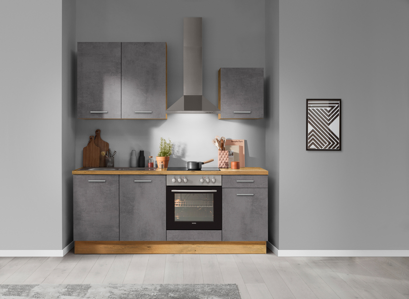 Küchenzeile Betonoptik Schiefer dunkelgrau/Eiche Vintage NB ca. 210cm