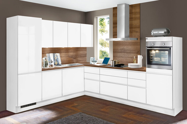 Winkelküche UV-Lack Alpinweiß Ultra-Hochglanz ca. 275 x 295 cm