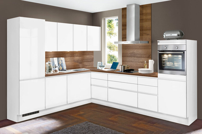 Winkelküche UV-Lack Alpinweiß Ultra-Hochglanz ca. 275 x 295 cm