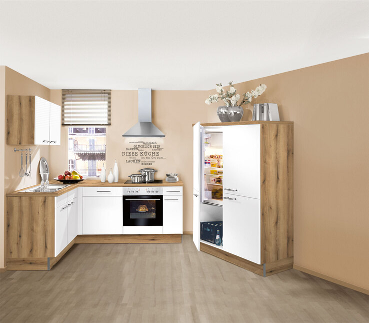Winkelküche PN210 Lacklaminat UV-Lack alpinweiß supermatt/Evoke Eiche  ca.155x215+120cm