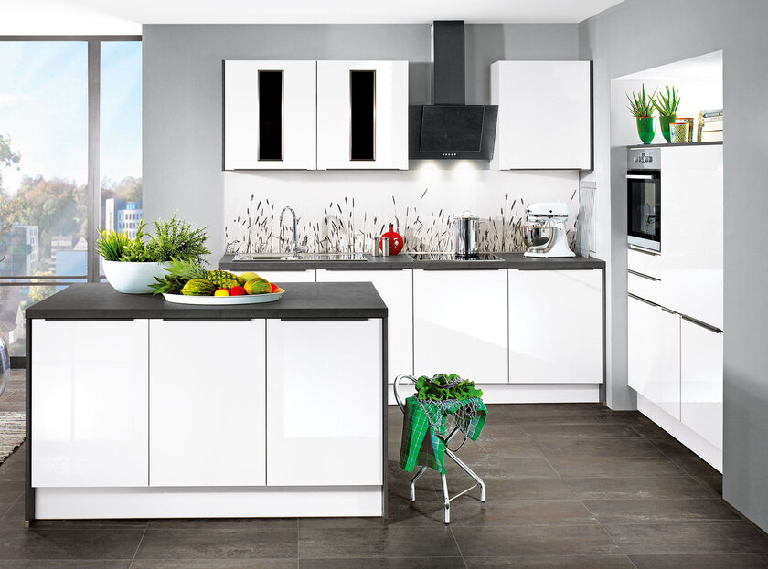 Inselküche UV-Lack weiß Hochglanz 240+150+150 cm