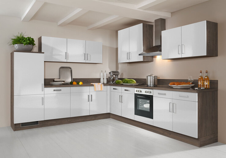 Winkelküche UV-Lack Weiß Hochglanz/Eiche Oregon Nachbildung ca. 275 x 305 cm