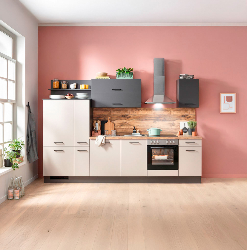 Küchenzeile Cappuccino/Absetzung Grafit NB 305cm