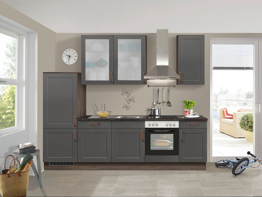 Küchenzeile Rahmenfront Grafit matt/Eiche Oregon NB 290 cm