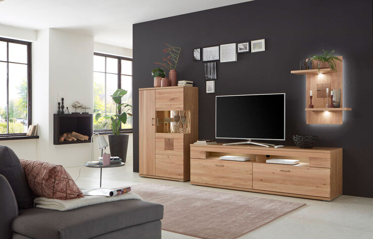 Wohnwand Kansas 3-teilig Alteiche-Optik/Alteiche massiv geölt 317x171x50,2 cm