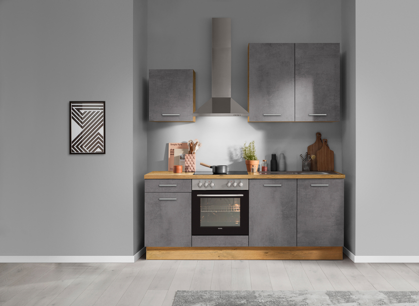 Küchenzeile Betonoptik Schiefer dunkelgrau/Eiche Vintage Nachbildung ca. 210cm