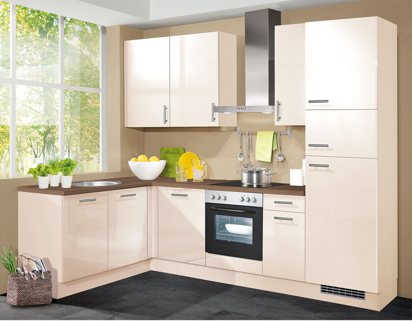 Winkelküche Magnolienweiß Hochglanz/Oregon Eiche Nachbildung 165 x 285  cm