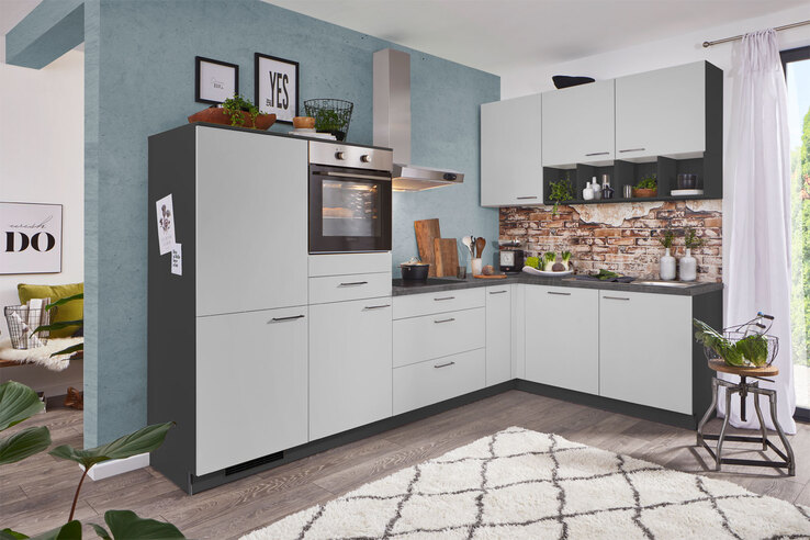 Winkelküche PN210 UV-Lack lichtgrau supermatt/Grafitgrau 305x185cm