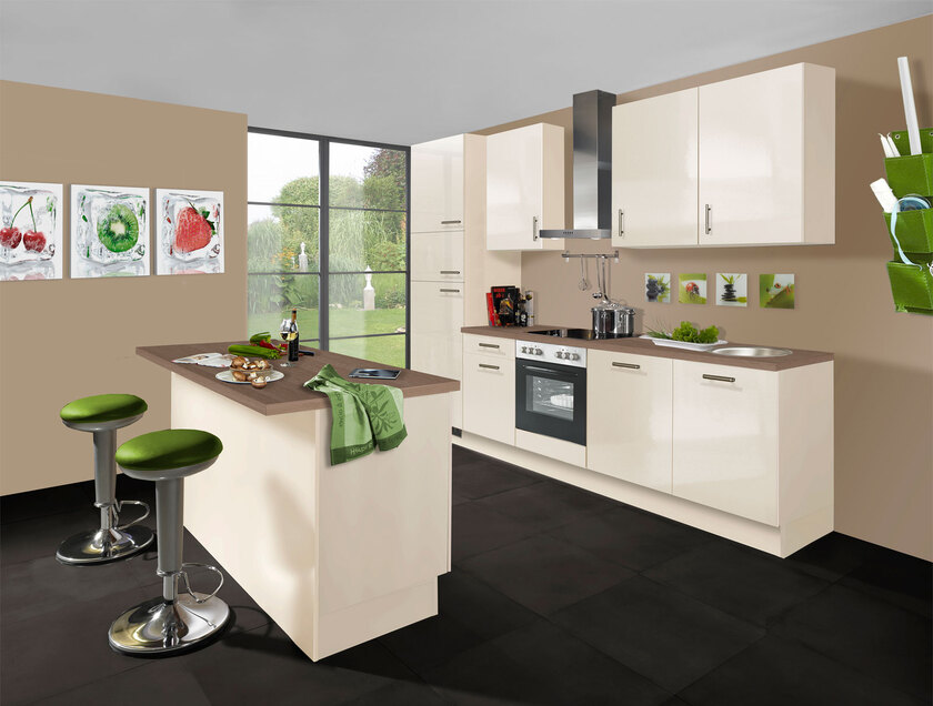 Küchenzeile mit Insel Magnolienweiß Hochglanz/Oregon Eiche Nachbildung 290+120cm