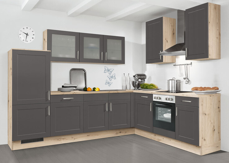 Winkelküche Grafit/Eiche hell Nachbildung 275 x 225 cm