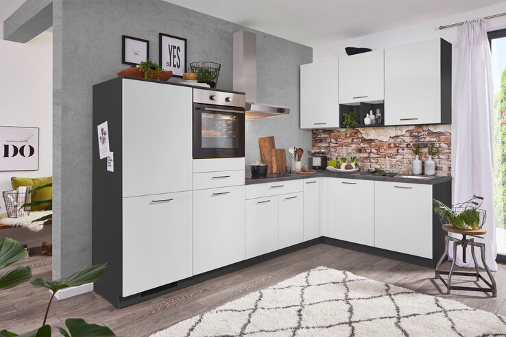 Winkelküche PN210 UV-Lack alpinweiß supermatt/Grafit 305x185cm