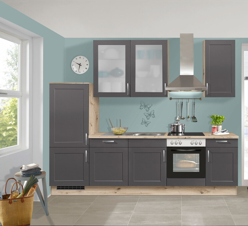 Küchenzeile Rahmenfront Grafit matt/Eiche hell NB 290 cm