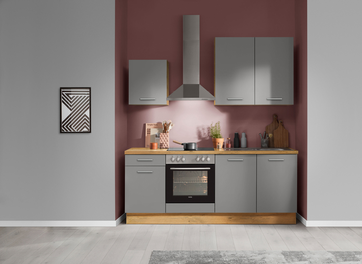 Küchenzeile Melaminharz Schiefergrau/Eiche Vintage Nachbildung ca.210cm