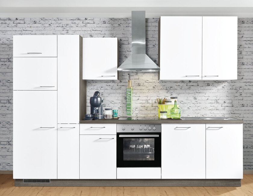 Küchenzeile Weiß/Eiche Grau Nachbildung 310 cm