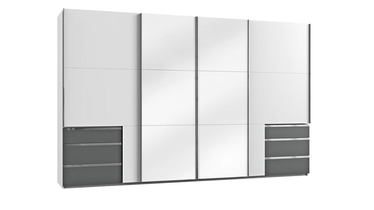 Schwebetürenschrank Level 36 C Syncro-Technik 300 x 216 cm weiß/ graphit/ mittlere Türen Weißglas