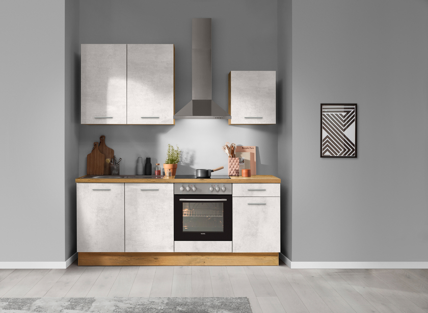 Küchenzeile Betonoptik Schiefergrau hell/Eiche Vintage NB ca. 210cm
