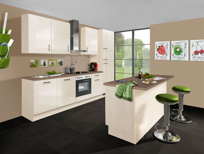 Küchenzeile mit Insel Magnolienweiß Hochglanz/Oregon Eiche Nachbildung 285 + 120 cm