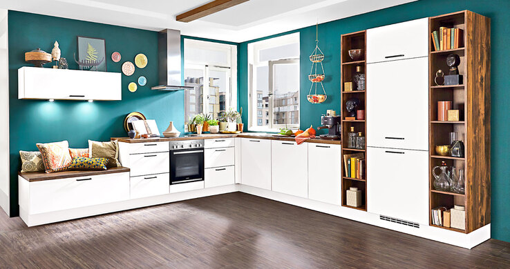 Winkelküche Laser Alpinweiß/Balkeneiche Nachbildung 335 x 365 cm