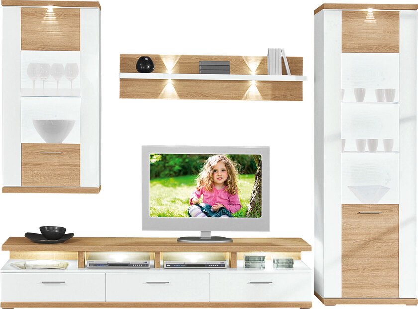 Wohnwand Manhattan Weiß Arctic Hochglanz/Eiche sägerau 285 x 207 x 50 cm