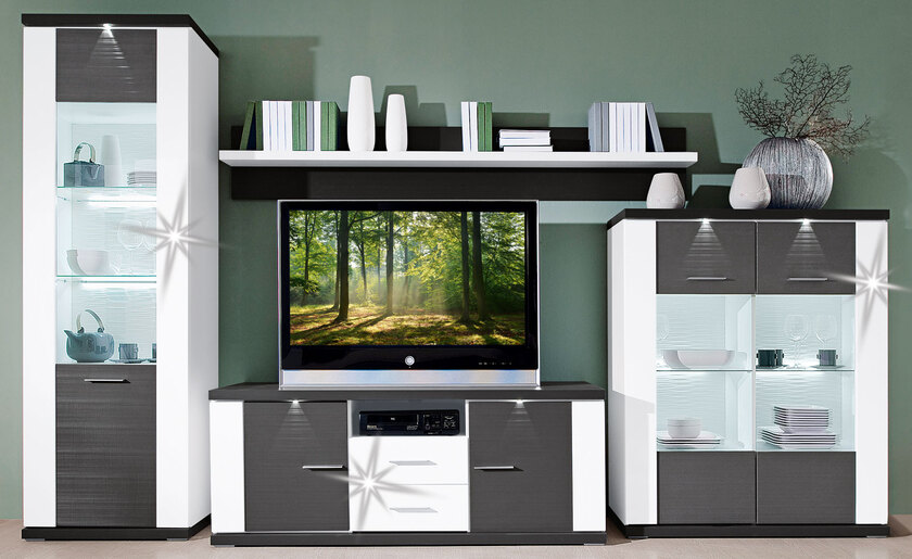 Wohnwand Manhattan Weiß Arctic Hochglanz/Graphit matt ca. 320 x 207 x 52 cm