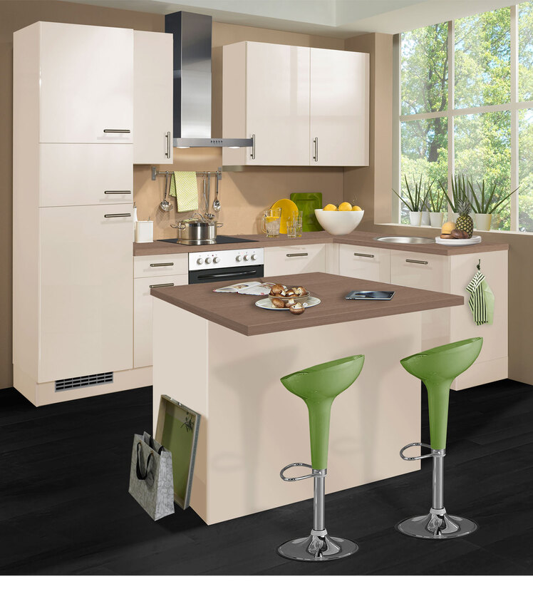 Winkelküche mit Insel Magnolienweiß Hochglanz/Oregon Eiche Nachbildung  285 x 165 + 120 cm