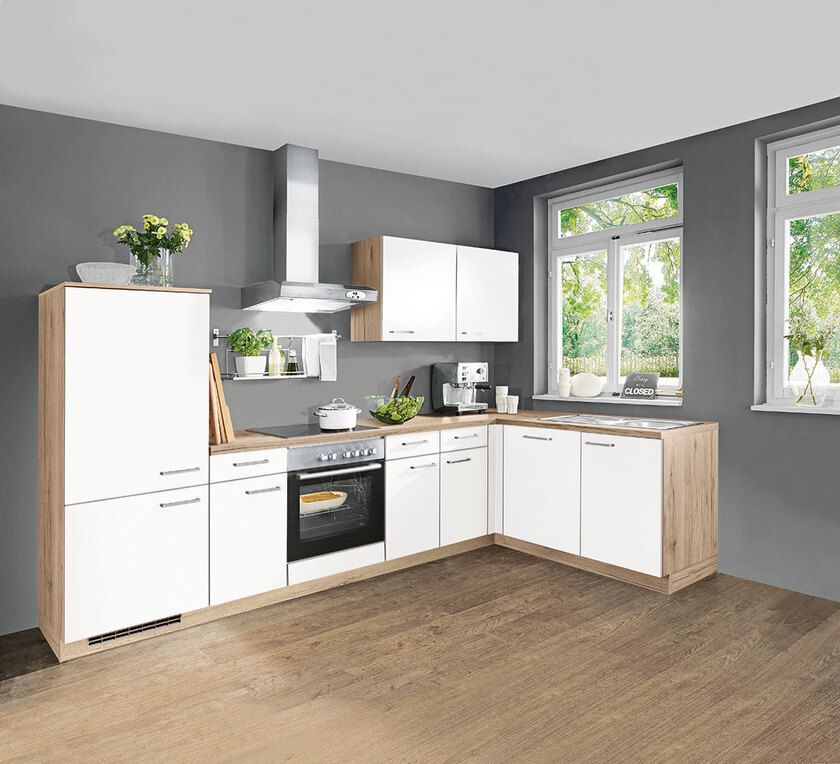 Winkelküche Laser Melaminharz alpinweiß/Eiche San Remo NB ca. 305x175 cm