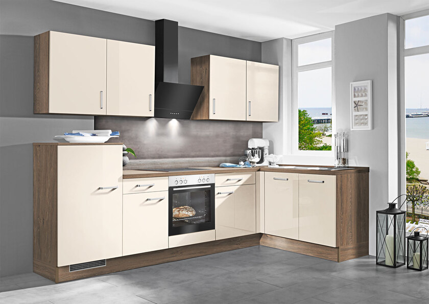 Winkelküche UV-Lack Magnolia Hochglanz/Eiche Oregon Nachbildung 285 x 155 cm