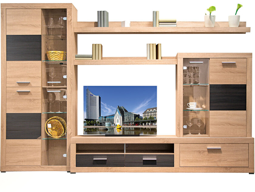 Wohnwand Paris Eiche sägerau/Pinie ca. 285 x 195 x 40 cm