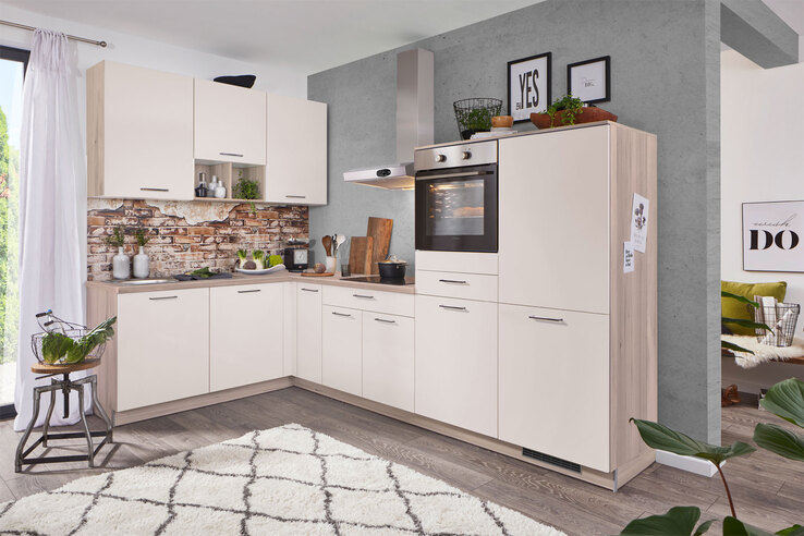 Winkelküche PN210  UV-Lack magnolienweiß supermatt/Tanne Clay 185 x 305cm