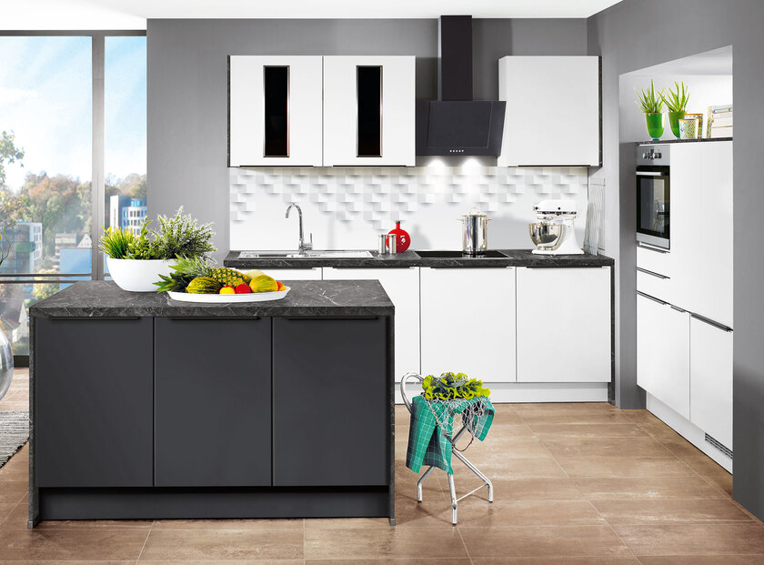 Inselküche Lacklaminat UV-Lack weiß/Weiß 240+150+150 cm